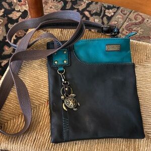 Chala Teal and Black Crossbody Bag with Turtle Charm